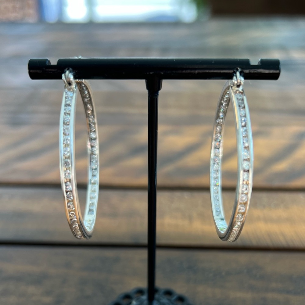 Vintage Sterling Silver Larger Inside-Out Crystal Rhinestones CZ Hoop Earrings